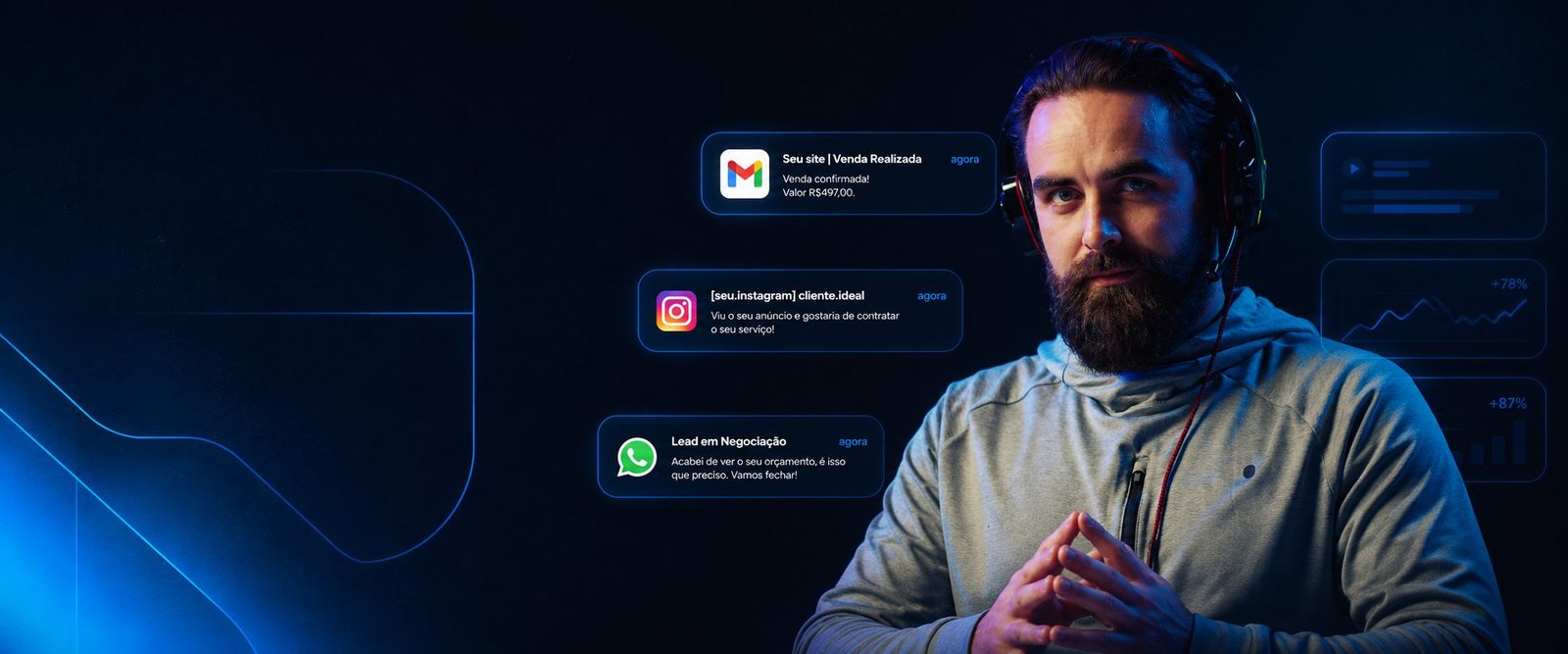 Editor de vídeo MotionLab trabalhando, com notificações de venda no site, novo lead no Instagram e negociação fechando no WhatsApp